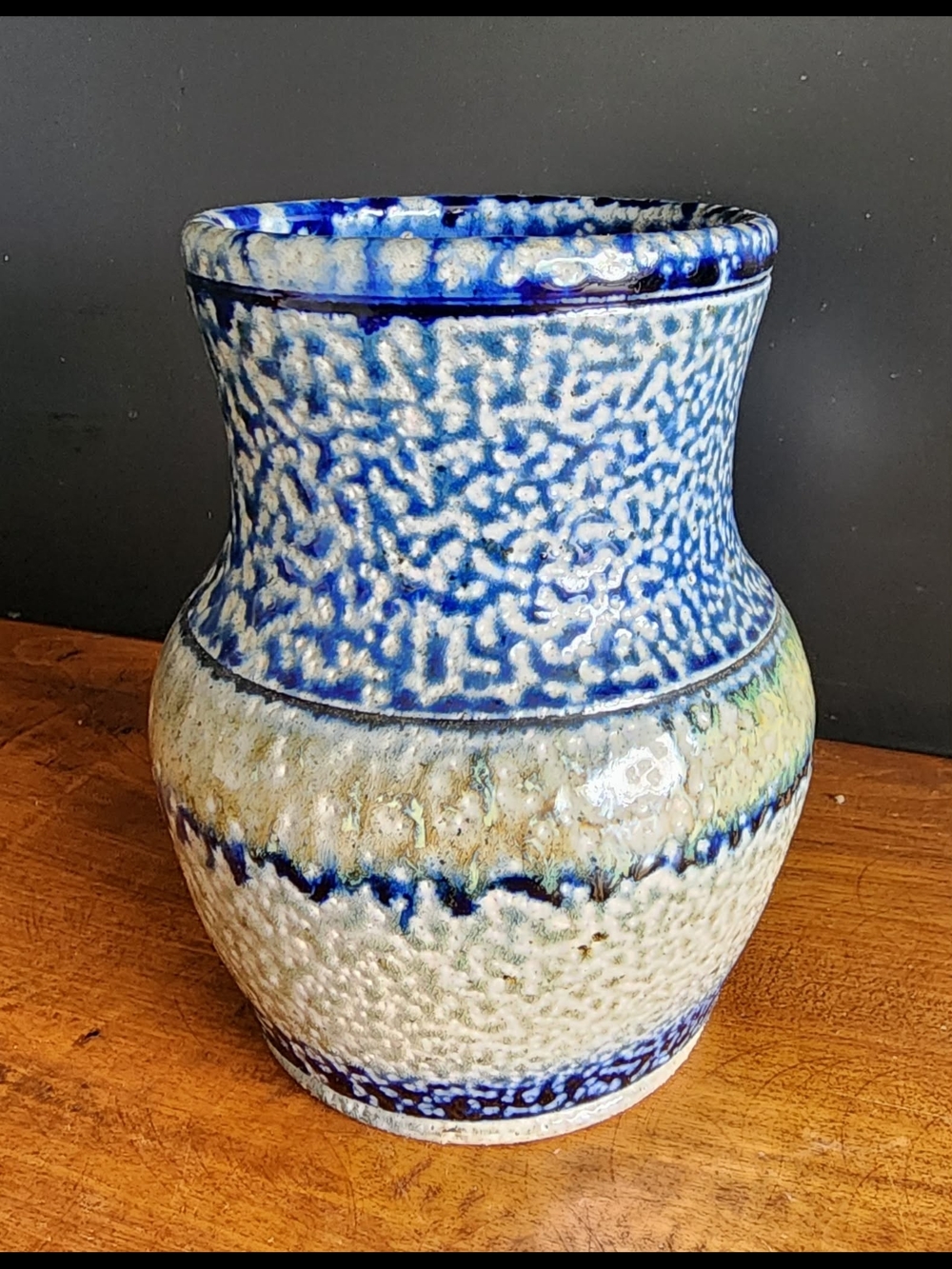 Blue and Cream Glazed Ceramic Pottery Vase With Fire Drip Glaze
